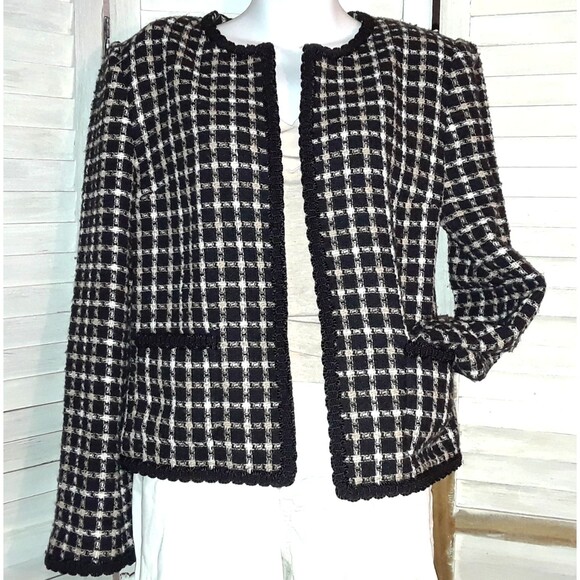 Tweed Blazer Jacket Women Size 10 Black/White/Tan Classic Tailored Cropped - Picture 1 of 9